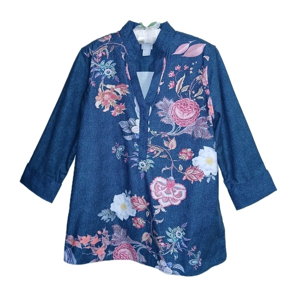 Chico's Women No Iron Popover Tunic Top 1.5 10 Blue Cotton Floral Botanical